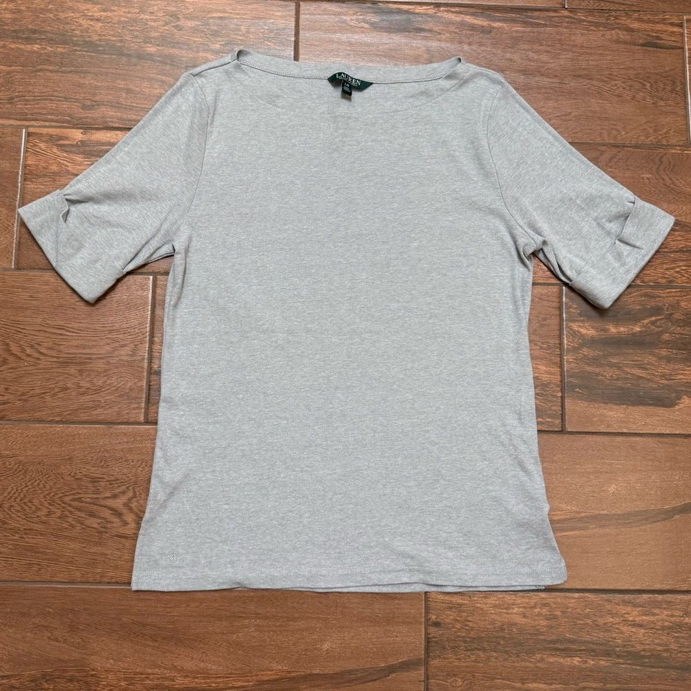 Ralph Lauren Women's L Short Sleeve Top Gray Knit Blouse Boat Neck